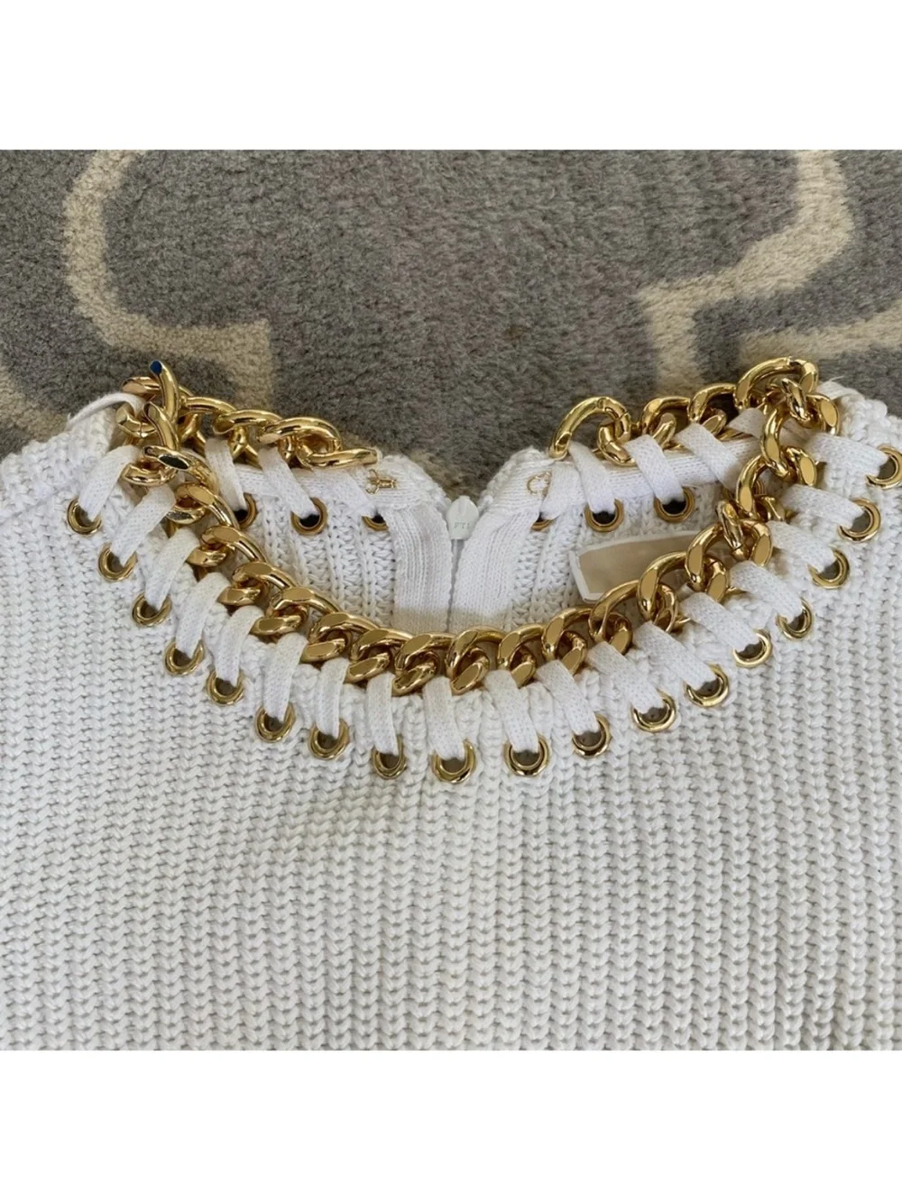 Michael Kors White Knit Top with Gold Chain Trim Size M